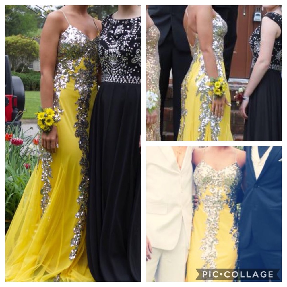 Yellow & Silver Sequined Prom Dress